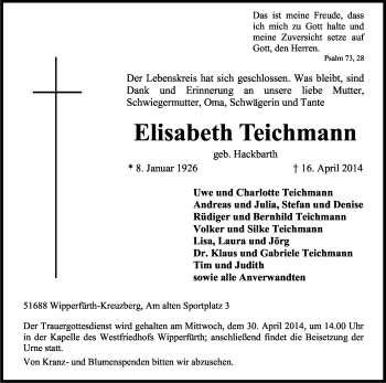 Anzeige von Elisabeth Teichmann von Kölner Stadt-Anzeiger / Kölnische Rundschau / Express