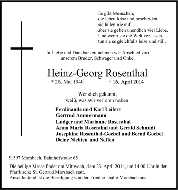 Anzeige von Heinz-Georg Rosenthal von Kölner Stadt-Anzeiger / Kölnische Rundschau / Express
