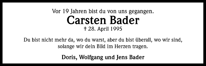  Traueranzeige für Carsten Bader vom 28.04.2014 aus Kölner Stadt-Anzeiger / Kölnische Rundschau / Express