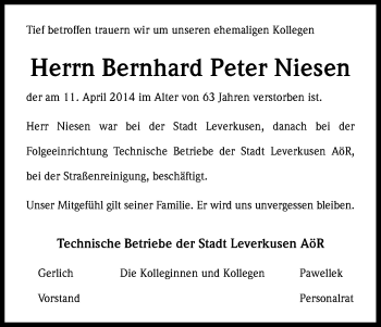 Anzeige von Bernhard Peter Niesen von Kölner Stadt-Anzeiger / Kölnische Rundschau / Express