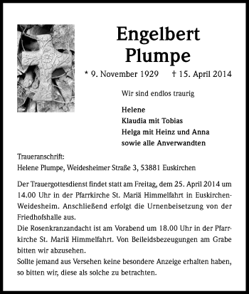 Anzeige von Engelbert Plumpe von Kölner Stadt-Anzeiger / Kölnische Rundschau / Express