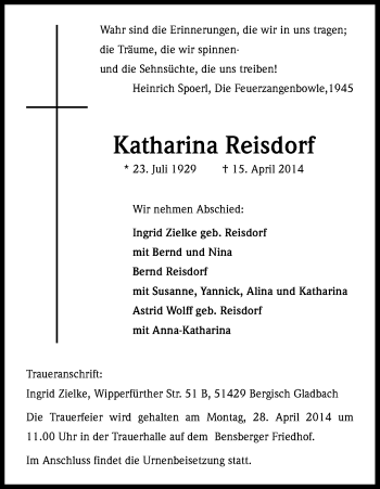 Anzeige von Katharina Reisdorf von Kölner Stadt-Anzeiger / Kölnische Rundschau / Express