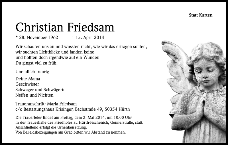  Traueranzeige für Christian Friedsam vom 26.04.2014 aus Kölner Stadt-Anzeiger / Kölnische Rundschau / Express