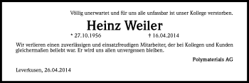 Anzeige von Heinz Weiler von Kölner Stadt-Anzeiger / Kölnische Rundschau / Express