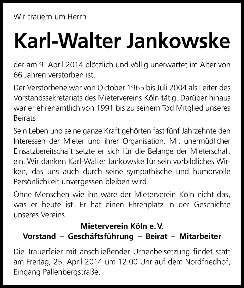  Traueranzeige für Karl Walter Jankowske vom 23.04.2014 aus Kölner Stadt-Anzeiger / Kölnische Rundschau / Express