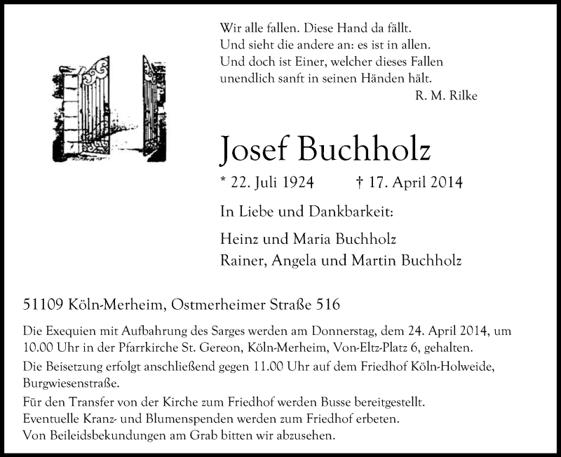  Traueranzeige für Josef Buchholz vom 19.04.2014 aus Kölner Stadt-Anzeiger / Kölnische Rundschau / Express