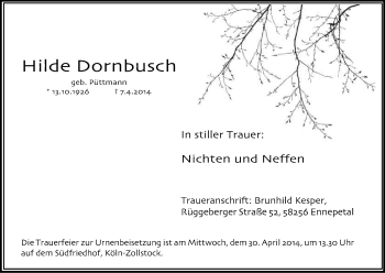 Anzeige von Hilde Dornbusch von Kölner Stadt-Anzeiger / Kölnische Rundschau / Express