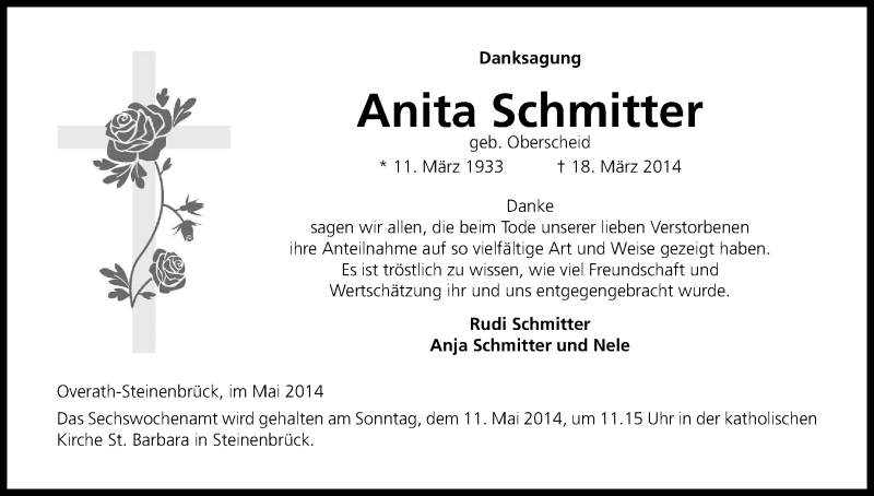  Traueranzeige für Anita Schmitter vom 03.05.2014 aus Kölner Stadt-Anzeiger / Kölnische Rundschau / Express