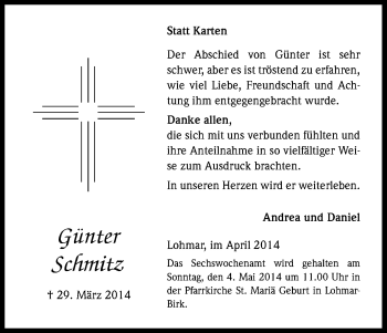 Anzeige von Günter Schmitz von Kölner Stadt-Anzeiger / Kölnische Rundschau / Express