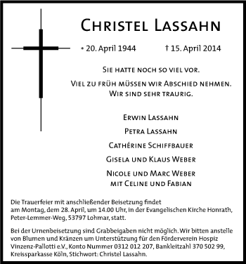 Anzeige von Christel Lassahn von Kölner Stadt-Anzeiger / Kölnische Rundschau / Express