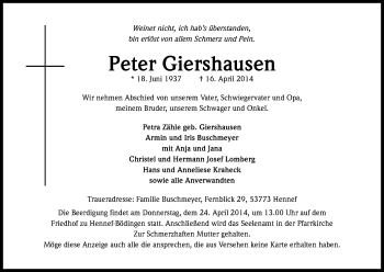 Anzeige von Peter Girshausen von Kölner Stadt-Anzeiger / Kölnische Rundschau / Express