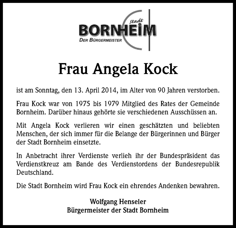  Traueranzeige für Angela Kock vom 19.04.2014 aus Kölner Stadt-Anzeiger / Kölnische Rundschau / Express