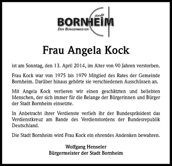 Anzeige von Angela Kock von Kölner Stadt-Anzeiger / Kölnische Rundschau / Express