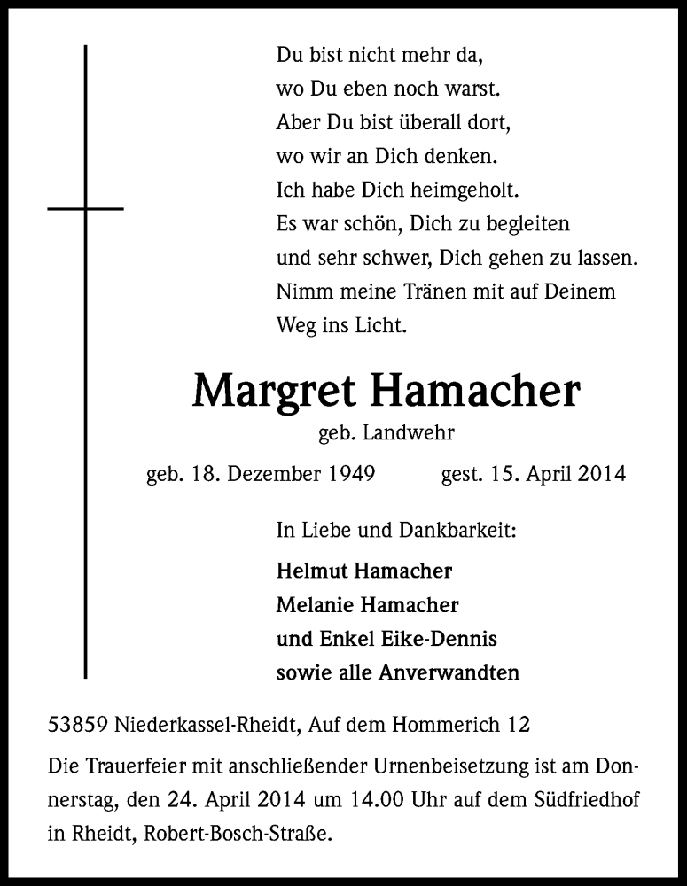  Traueranzeige für Margret Hamacher vom 19.04.2014 aus Kölner Stadt-Anzeiger / Kölnische Rundschau / Express