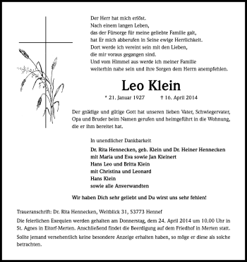 Anzeige von Leo Klein von Kölner Stadt-Anzeiger / Kölnische Rundschau / Express