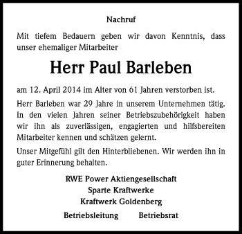 Anzeige von Paul Barleben von Kölner Stadt-Anzeiger / Kölnische Rundschau / Express