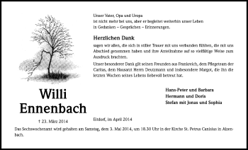 Anzeige von Willi Ennenbach von Kölner Stadt-Anzeiger / Kölnische Rundschau / Express