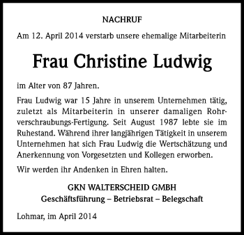Anzeige von Christine Ludwig von Kölner Stadt-Anzeiger / Kölnische Rundschau / Express