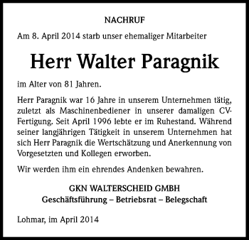 Anzeige von Walter Paragnik von Kölner Stadt-Anzeiger / Kölnische Rundschau / Express