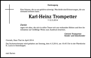 Anzeige von Karl-Heinz Trompetter von Kölner Stadt-Anzeiger / Kölnische Rundschau / Express