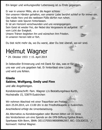 Anzeige von Helmut Wagner von Kölner Stadt-Anzeiger / Kölnische Rundschau / Express