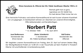 Anzeige von Norbert Patt von Kölner Stadt-Anzeiger / Kölnische Rundschau / Express