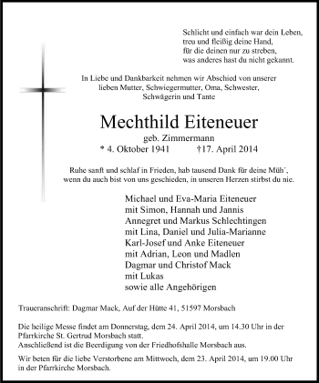 Anzeige von Mechthild Eiteneuer von Kölner Stadt-Anzeiger / Kölnische Rundschau / Express
