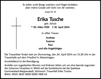 Anzeige von Erika Tusche von Kölner Stadt-Anzeiger / Kölnische Rundschau / Express