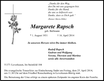 Anzeige von Margarete Rapsch von Kölner Stadt-Anzeiger / Kölnische Rundschau / Express