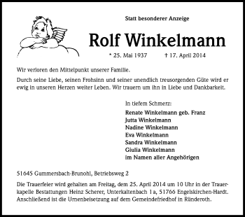 Anzeige von Rolf Winkelmann von Kölner Stadt-Anzeiger / Kölnische Rundschau / Express
