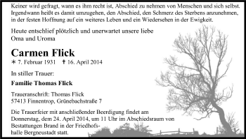 Anzeige von Carmen Flick von Kölner Stadt-Anzeiger / Kölnische Rundschau / Express