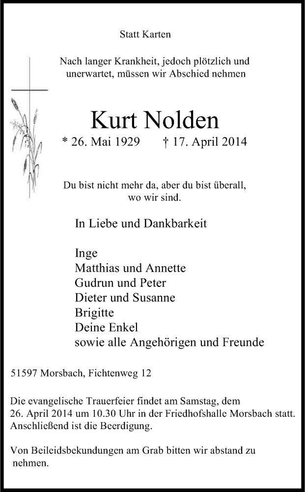  Traueranzeige für Kurt Nolden vom 22.04.2014 aus Kölner Stadt-Anzeiger / Kölnische Rundschau / Express