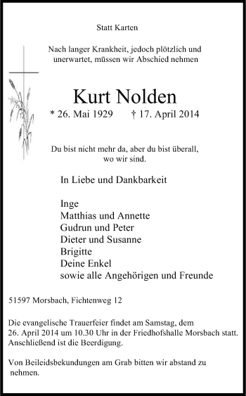 Anzeige von Kurt Nolden von Kölner Stadt-Anzeiger / Kölnische Rundschau / Express