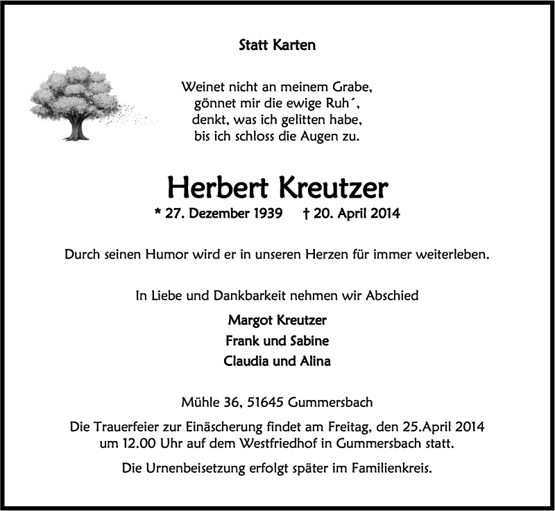  Traueranzeige für Herbert Kreutzer vom 23.04.2014 aus Kölner Stadt-Anzeiger / Kölnische Rundschau / Express