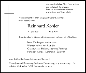 Anzeige von Reinhard Köhler von Kölner Stadt-Anzeiger / Kölnische Rundschau / Express