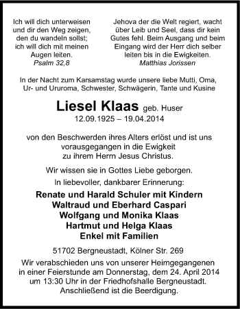 Anzeige von Liesel Klaas von Kölner Stadt-Anzeiger / Kölnische Rundschau / Express