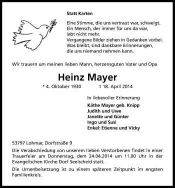 Anzeige von Heinz Mayer von Kölner Stadt-Anzeiger / Kölnische Rundschau / Express