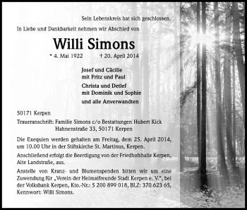 Anzeige von Willi Simons von Kölner Stadt-Anzeiger / Kölnische Rundschau / Express