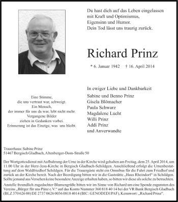 Anzeige von Richard Prinz von Kölner Stadt-Anzeiger / Kölnische Rundschau / Express
