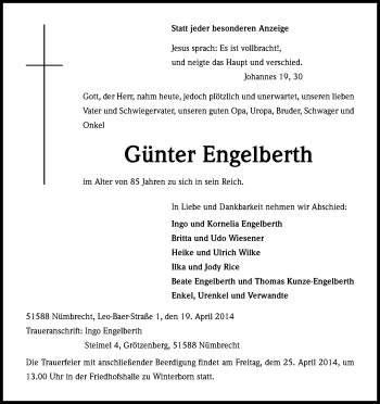 Anzeige von Günter Engelberth von Kölner Stadt-Anzeiger / Kölnische Rundschau / Express