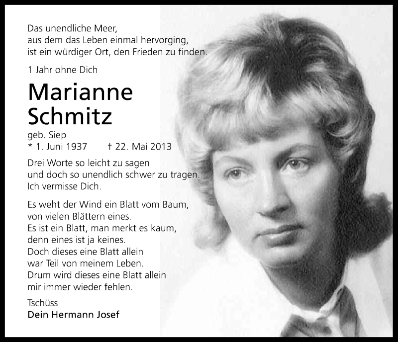  Traueranzeige für Marianne Schmitz vom 22.05.2014 aus Kölner Stadt-Anzeiger / Kölnische Rundschau / Express