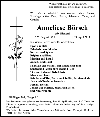 Anzeige von Anneliese Börsch von Kölner Stadt-Anzeiger / Kölnische Rundschau / Express