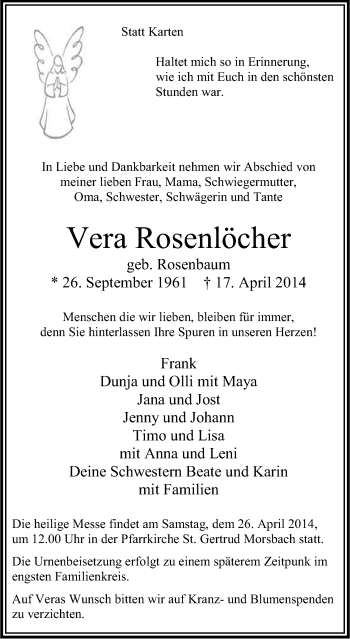 Anzeige von Vera Rosenlöcher von Kölner Stadt-Anzeiger / Kölnische Rundschau / Express