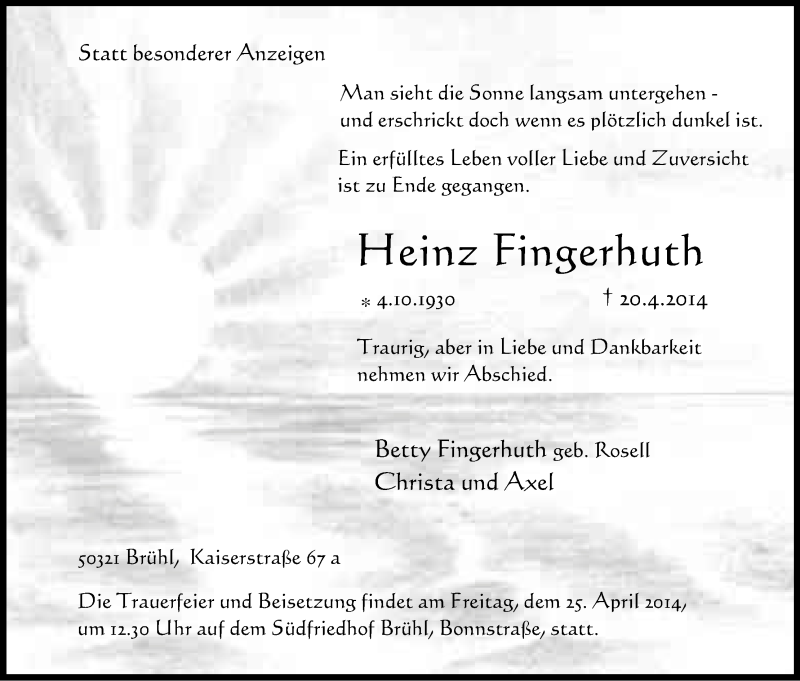  Traueranzeige für Heinz Fingerhuth vom 23.04.2014 aus Kölner Stadt-Anzeiger / Kölnische Rundschau / Express