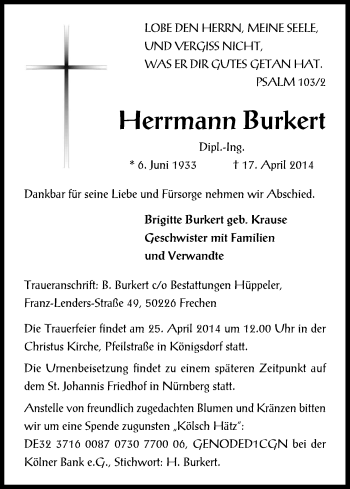 Anzeige von Hermann Burkert von Kölner Stadt-Anzeiger / Kölnische Rundschau / Express
