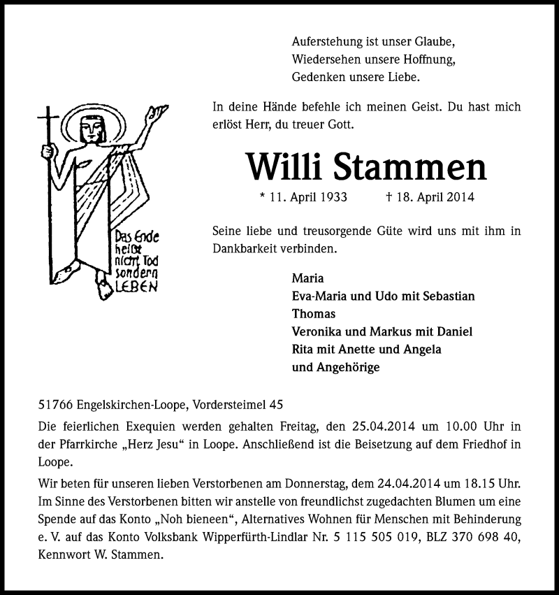  Traueranzeige für Willi Stammen vom 23.04.2014 aus Kölner Stadt-Anzeiger / Kölnische Rundschau / Express