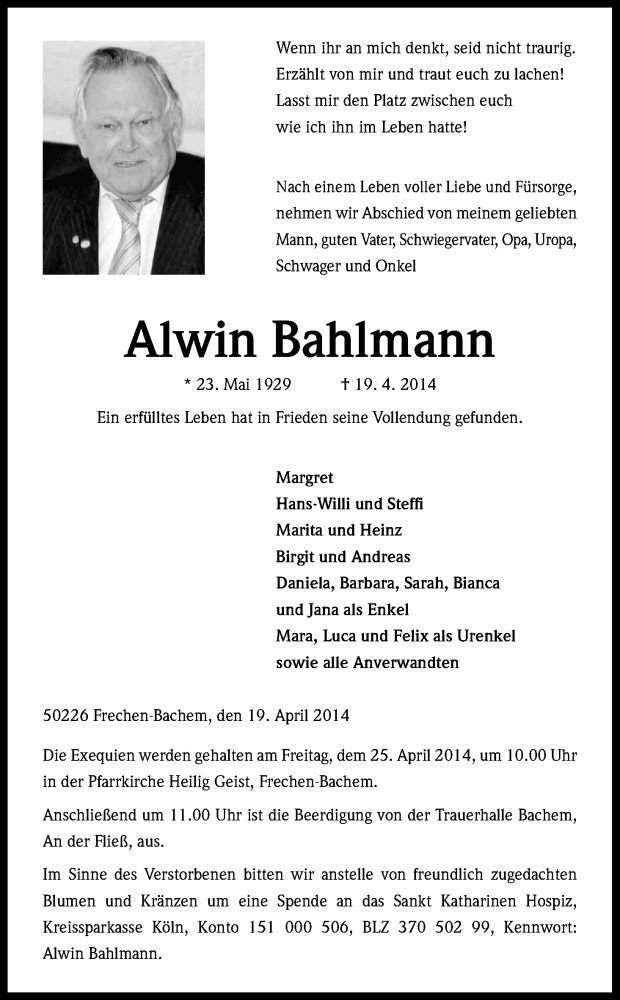  Traueranzeige für Alwin Bahlmann vom 23.04.2014 aus Kölner Stadt-Anzeiger / Kölnische Rundschau / Express