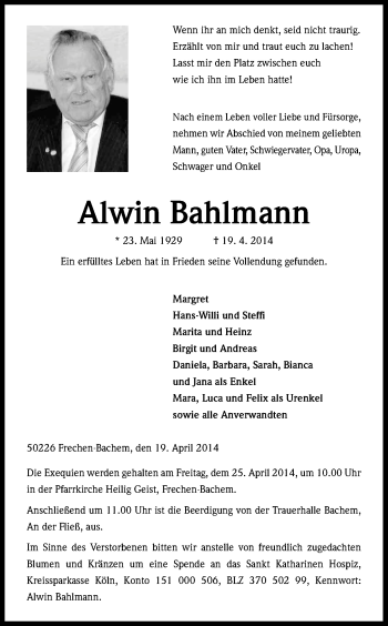 Anzeige von Alwin Bahlmann von Kölner Stadt-Anzeiger / Kölnische Rundschau / Express