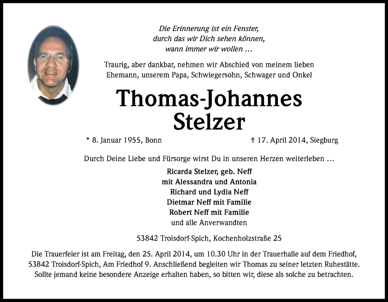  Traueranzeige für Thomas-Johannes Stelzer vom 23.04.2014 aus Kölner Stadt-Anzeiger / Kölnische Rundschau / Express