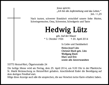 Anzeige von Hedwig Lütz von Kölner Stadt-Anzeiger / Kölnische Rundschau / Express